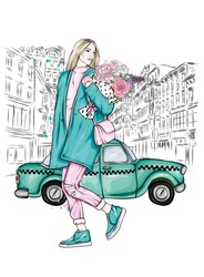 Beautiful girl in a stylish coat, jeans and shoes. Vector illustration for a postcard or a poster. Fashion and style, clothing and accessories. Bouquet of peony and roses. Flowers. Vintage taxi.