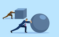 Cartoon illustration of younger businessman pushing a sphere leading the race against older businessmen pushing box, winning strategy, efficiency, innovation in business concept