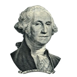Portrait of first USA president George Washington as he looks on one dollar bill obverse. Clipping path inside.