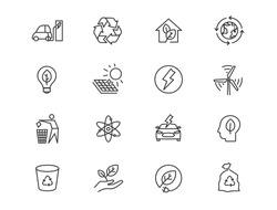 Alternative energy sources vector linear icons set. Ecology renewable energy outline symbols pack. Collection of alternative energy icons isolated contour illustrations. Electric car. Solar power