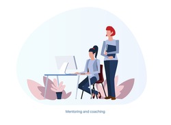 Mentoring, Worker teaches another worker. Senior accountant. Mentoring, Coaching, Training. Workspace in the office. Outsourcing accounting. Illustration in a flat style. Editable objects