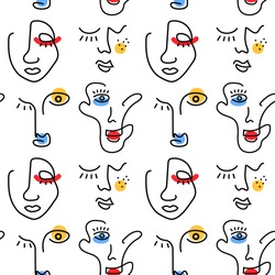 Seamless pattern with abstract faces. Line art. Contemporary art.