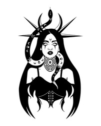 Lunar Goddess Hecate with snake ancient Greek mythology hand drawn black and white isolated vector illustration. Tattoo or print design. Vector illustration.