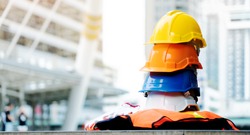 Multicoloured Safety Construction Worker Hats. Teamwork of the construction team must have quality. Whether it is engineering, construction workers. Have a helmet to wear at work. For safety at work.