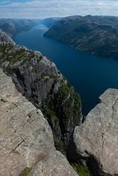 Stunning view on the Lysefjord from the high cliffs around Pulpit Rock (Preikestolen)