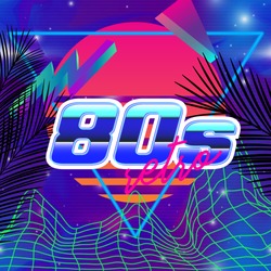 Retro futuristic background 1980s style. Retro 80s fashion Sci-Fi Background  in bright neon colors. Synth retro wave  illustration.