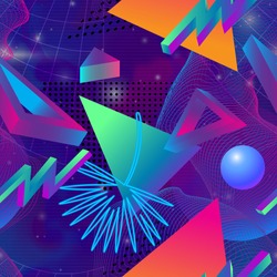 Retro futuristic background 1980s style. Retro 80s fashion Sci-Fi Background  in bright neon colors. Synth retro wave  seamless pattern.