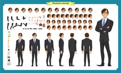 People character business set. Front, side, back view animated character.   Businessman character creation set with various views, face emotions, poses and gestures.Cartoon style, flat isolated vector