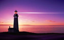 Lighthouse searchlight beam through marine air at night