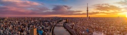 Panoramic Dawn view of Tokyo city. Famous Tokyo Skytree and Senso-Ji Temple with Sumida river. Colorful morning scene of Japan, Asia. Traveling concept background.

