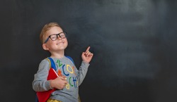 Back to school. Funny little boy in glasses pointing up on blackboard. Child from elementary school with book and bag. Education.