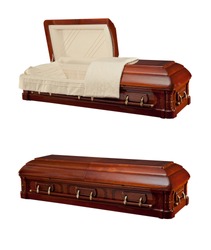 Opened and close wooden coffin isolated on white background. Ritual objects for burial. Conduct of the deceased on his last journey. Surrender body dust of the earth. Christian funeral ritual