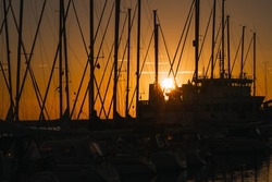 The marina in Anholt under goldenhour, silhouettes of boats and masts