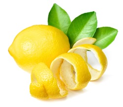 fresh lemon peel and leaves isolated on white background