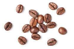 roasted coffee beans on white, top view