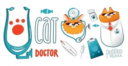 Cat doctor set logo fish equipment medicine pills 
thermometer paw vet clinic 