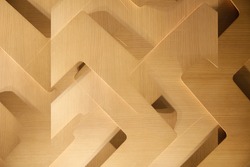 Polygonal wooden panels. Abstract material background photo for construction industry, modern technology and architecture. Unusual decorative design with frames. Irregular geometrical pattern. 
