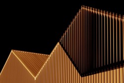 Corrugated metal walls of industrial building. Pitched roof. Abstract modern architecture in minimal style. Material geometric pattern with triangles, polygons, angular structure and parallel lines.