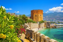 Ancient Red Tower Kizil Kule in port of Alanya, Turkey