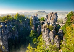 Panorama view of the Bastei. The Bastei is a famous rock formation in Saxon Switzerland National Park, near Dresden, Germany