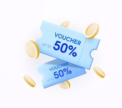 Voucher card cash back template design with coupon code promotion. Premium special price offers sale coupon. Vector gift voucher, gold coin. 3d coupon, 3d voucher, exchange.