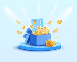 3d a gift box coupon for a sale of the product. Gold coins and credit card in the gift box. With 3d podium and blue light background.Voucher card cash back template design with coupon code promotion
