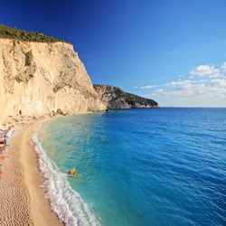 A view of Porto Katsiki beach at Lefkada island, Greece, shot with a tilt and shift lens