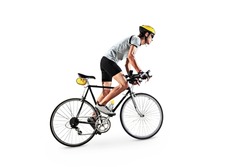 A male bicyclist riding a bicycle isolated against white background