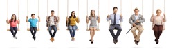 Full length portrait of a children, young people and seniors sitting om swings and smiling isolated on white background