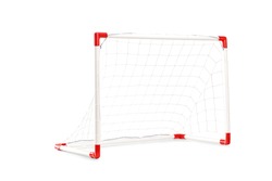 Studio shot of a small soccer goal isolated on white background