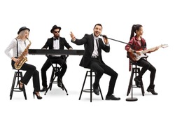 Music band with a guitarist, sax and keyboard and a singer isolated on white background