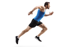 Full length profile shot of a fit man starting to run fast isolated on white background