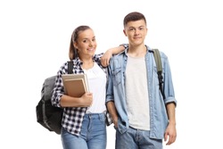 Two students with books and backpacks isolated on white background
