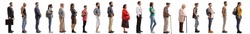 Full length profile shot of many young and older people waiting in line isolated on white background