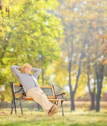 Senior gentleman sitting on wooden bench and relaxing in park, shot with a tilt and shift lens