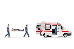 Full length profile shot of medical workers carrying a stretcher with a female patient into an ambulance van isolated on white background