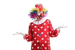 Funny cheerful clown standing isolated on white background