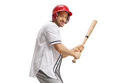 Guy playing baseball and holding a bat isolated on white background