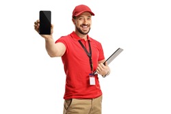 Male worker in a red t-shirt showing a smartphone isolated on white background