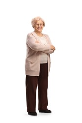 Smiling casual elderly woman posing isolated on white background