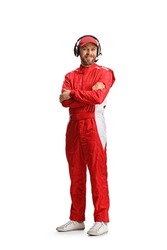 Full length shot of a race team member in a red suit posing isolated on white background