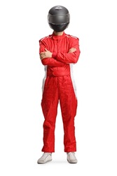 Full length portrait of a motorsport racer in a red suit and black helmet isolated on white background