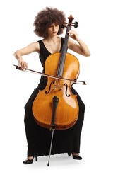 Elegant young woman in a black dress playing a contrabass isolated on white background