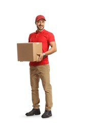 Smiling courier holding a cardboard box isolated on white background
