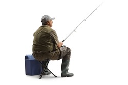 Fisherman sitting on a chair with a fishing rod isolated on white background