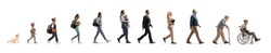 Full length profile shot of a group of people walking, from a baby crawling to a senior, isolated on white background
