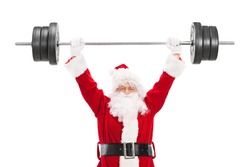 Smiling Santa Claus lifting a heavy barbell and looking at camera isolated on white background