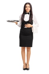Full length portrait of a young waitress holding a gray metal tray and a white towel isolated on white background