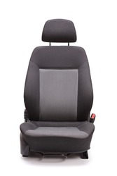 Vertical studio shot of a brand new black car seat isolated on white background