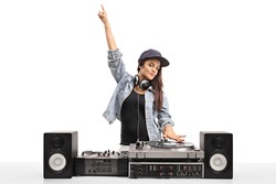 Female DJ playing music on a turntable isolated on white background